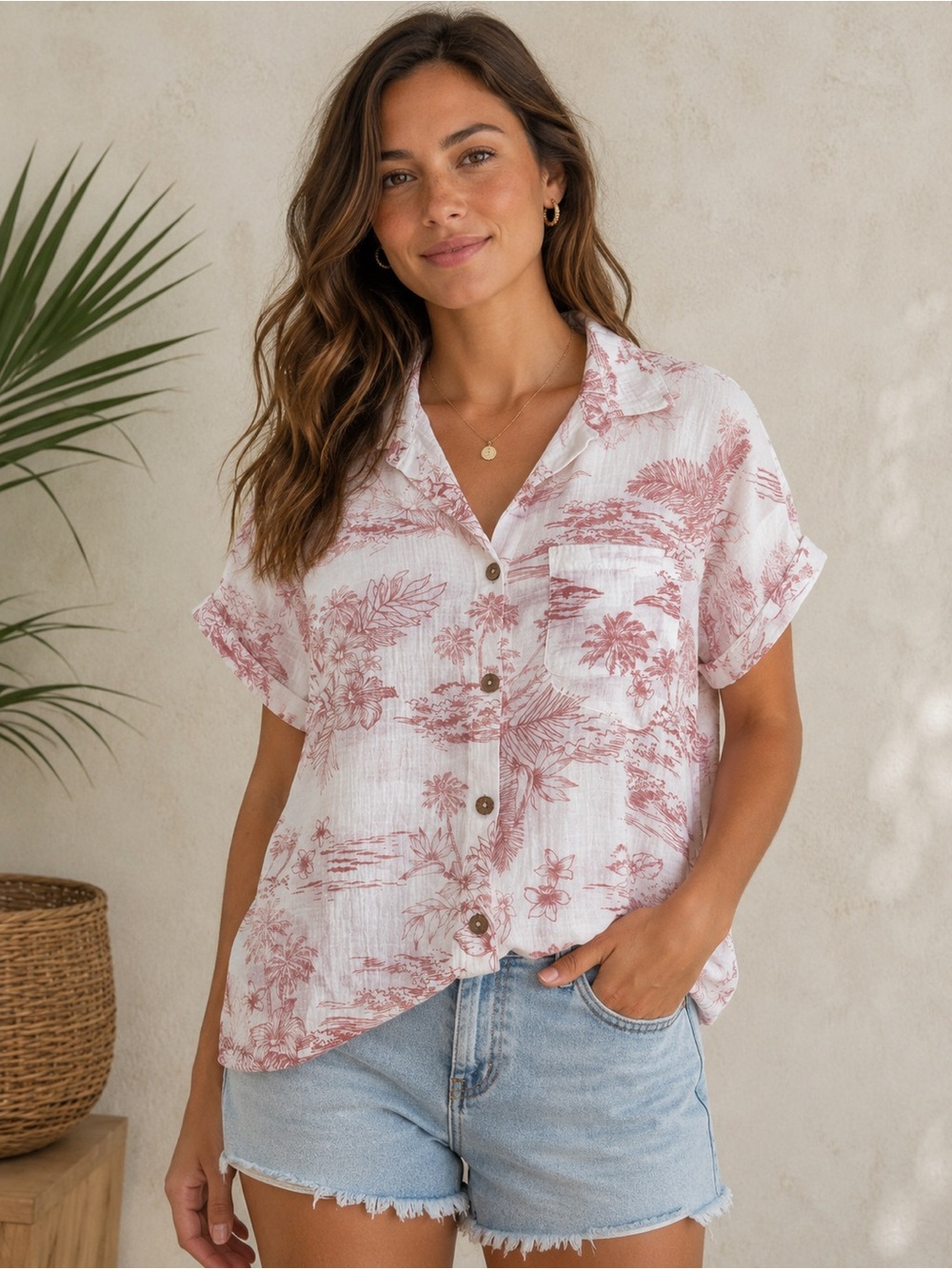 Ocean Drive Small Gauze Short-Sleeve Button-Down Shirt  Pink Tropical Coastal